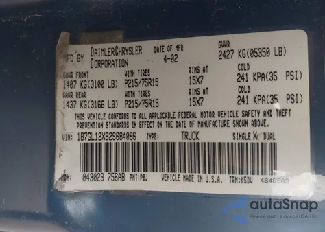 2002 Dodge Dakota из США, поврежденный, VIN 1B7GL12X82S684096